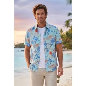 Huk Fishing Mens Small Blue Floral Tropical Palm Short Sleeve Button Down Shirt